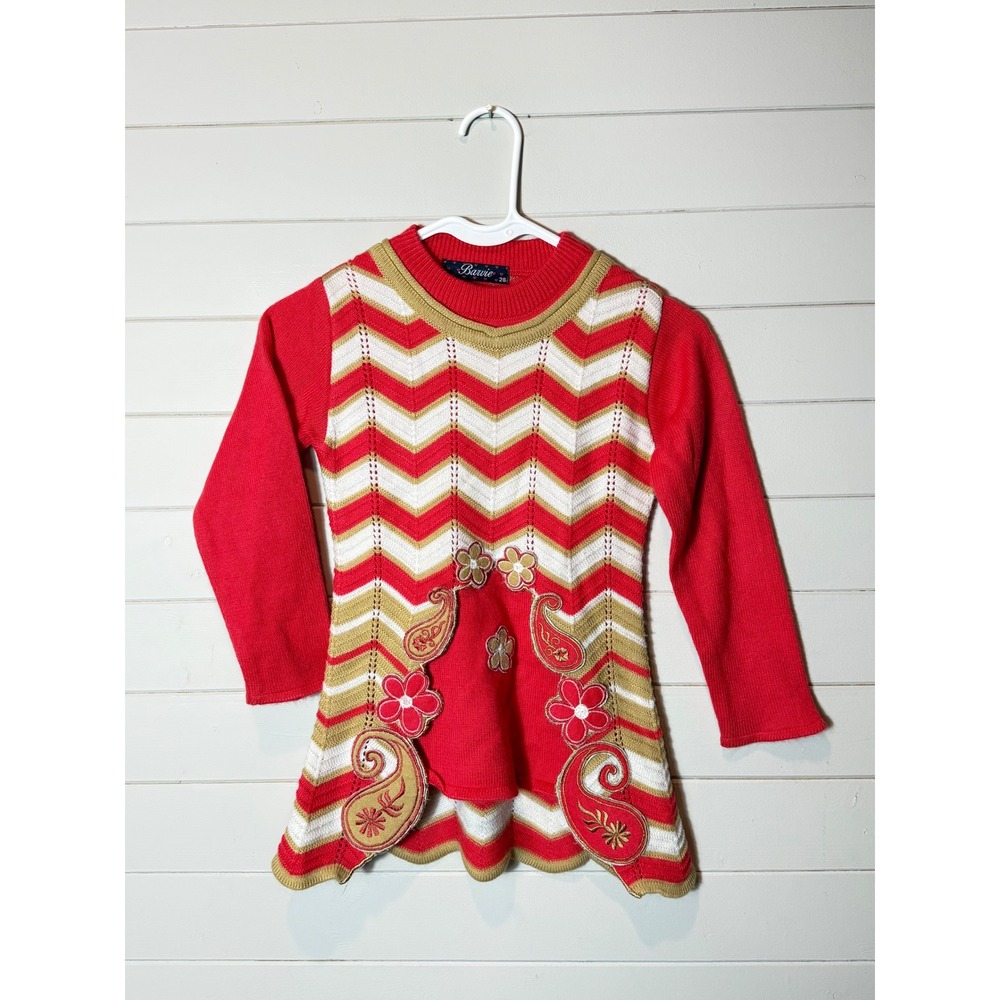 Barvie Girls Red Chevron Paisley Knit Sweater Dress Size 28 2T 3T Boho Floral